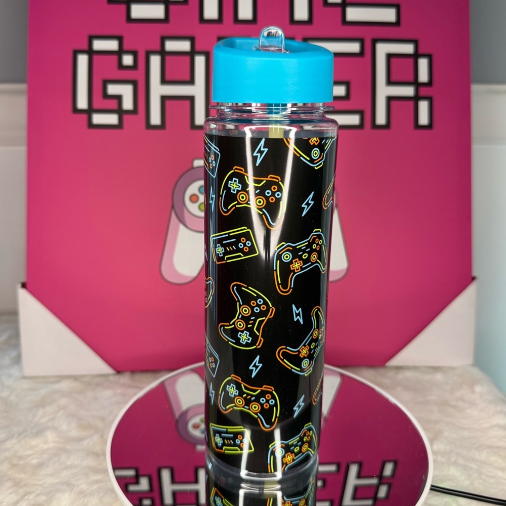 Black Gaming Themed Cold Water Bottle w/Blue Lid & straw, and neon colors, 25oz